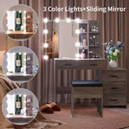 Tavolo da toeletta in truciolare grigio con impiallacciatura in trimina, 5 cassetti, 2 ripiani, specchiera con illuminazione a 3 colori e lampadine dimmerabili