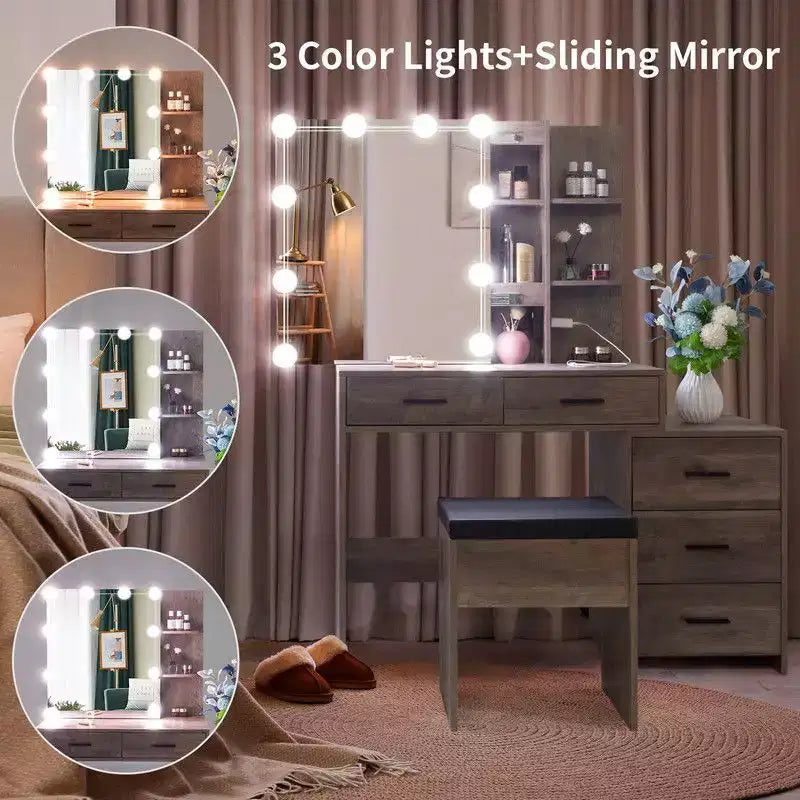 Tavolo da toeletta in truciolare grigio con impiallacciatura in trimina, 5 cassetti, 2 ripiani, specchiera con illuminazione a 3 colori e lampadine dimmerabili