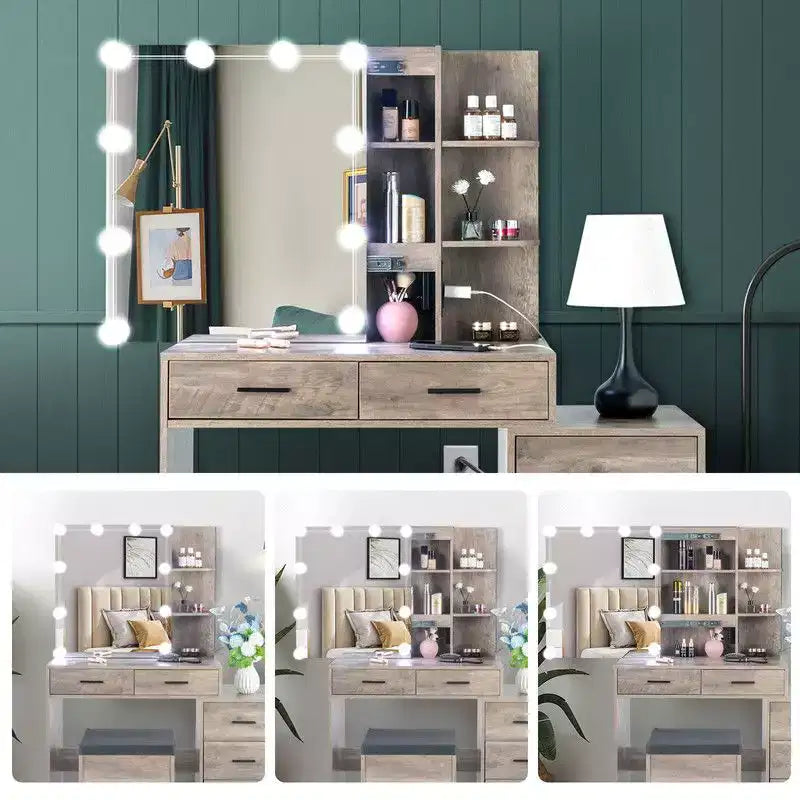 Tavolo da toeletta in truciolare grigio con impiallacciatura in trimina, 5 cassetti, 2 ripiani, specchiera con illuminazione a 3 colori e lampadine dimmerabili