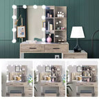 Tavolo da toeletta in truciolare grigio con impiallacciatura in trimina, 5 cassetti, 2 ripiani, specchiera con illuminazione a 3 colori e lampadine dimmerabili