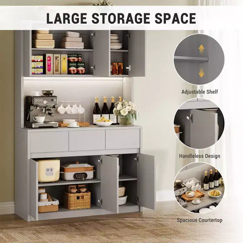 Dispensa da Cucina con Stazione di Ricarica, Mobile da Cucina Rustico Alto 178 cm con Supporto per Microonde, Dispensa con Cassetti e Ripiani