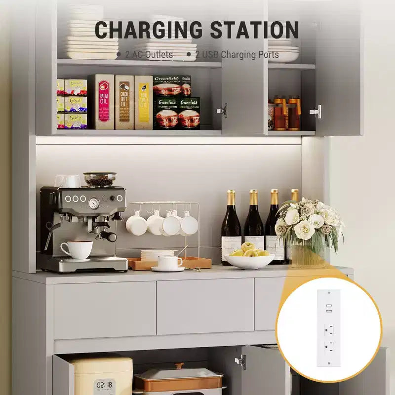 Dispensa da Cucina con Stazione di Ricarica, Mobile da Cucina Rustico Alto 178 cm con Supporto per Microonde, Dispensa con Cassetti e Ripiani