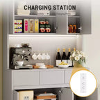 Dispensa da Cucina con Stazione di Ricarica, Mobile da Cucina Rustico Alto 178 cm con Supporto per Microonde, Dispensa con Cassetti e Ripiani