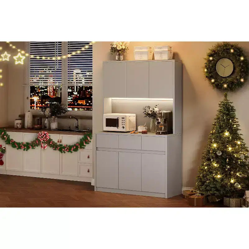 Dispensa da Cucina con Stazione di Ricarica, Mobile da Cucina Rustico Alto 178 cm con Supporto per Microonde, Dispensa con Cassetti e Ripiani