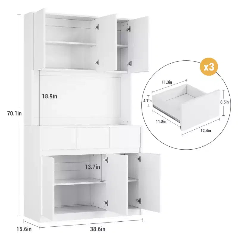 Dispensa da Cucina con Stazione di Ricarica, Mobile da Cucina Rustico Alto 178 cm con Supporto per Microonde, Dispensa con Cassetti e Ripiani