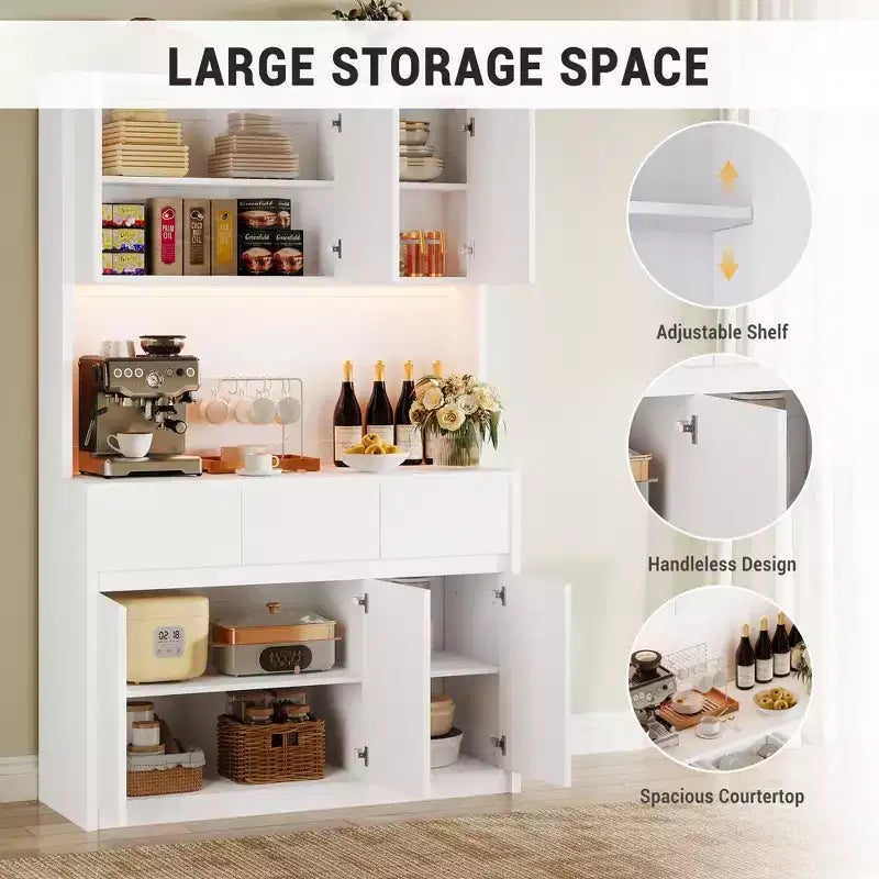 Dispensa da Cucina con Stazione di Ricarica, Mobile da Cucina Rustico Alto 178 cm con Supporto per Microonde, Dispensa con Cassetti e Ripiani