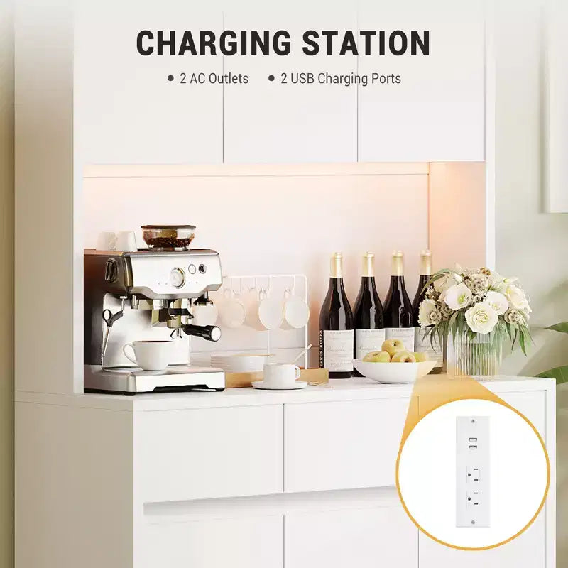 Dispensa da Cucina con Stazione di Ricarica, Mobile da Cucina Rustico Alto 178 cm con Supporto per Microonde, Dispensa con Cassetti e Ripiani