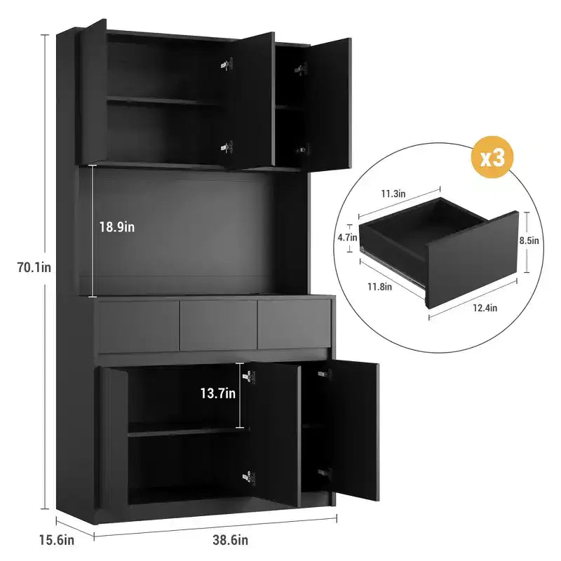 Dispensa da Cucina con Stazione di Ricarica, Mobile da Cucina Rustico Alto 178 cm con Supporto per Microonde, Dispensa con Cassetti e Ripiani