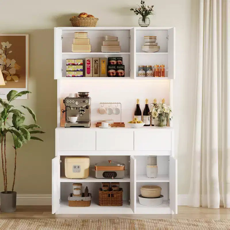 Dispensa da Cucina con Stazione di Ricarica, Mobile da Cucina Rustico Alto 178 cm con Supporto per Microonde, Dispensa con Cassetti e Ripiani