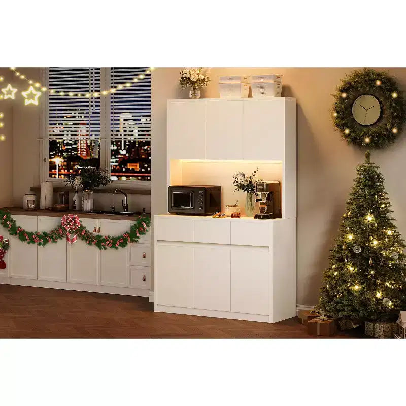 Dispensa da Cucina con Stazione di Ricarica, Mobile da Cucina Rustico Alto 178 cm con Supporto per Microonde, Dispensa con Cassetti e Ripiani