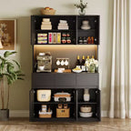 Dispensa da Cucina con Stazione di Ricarica, Mobile da Cucina Rustico Alto 178 cm con Supporto per Microonde, Dispensa con Cassetti e Ripiani
