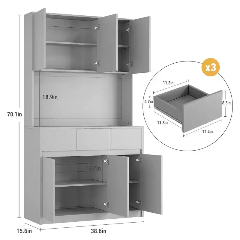 Dispensa da Cucina con Stazione di Ricarica, Mobile da Cucina Rustico Alto 178 cm con Supporto per Microonde, Dispensa con Cassetti e Ripiani