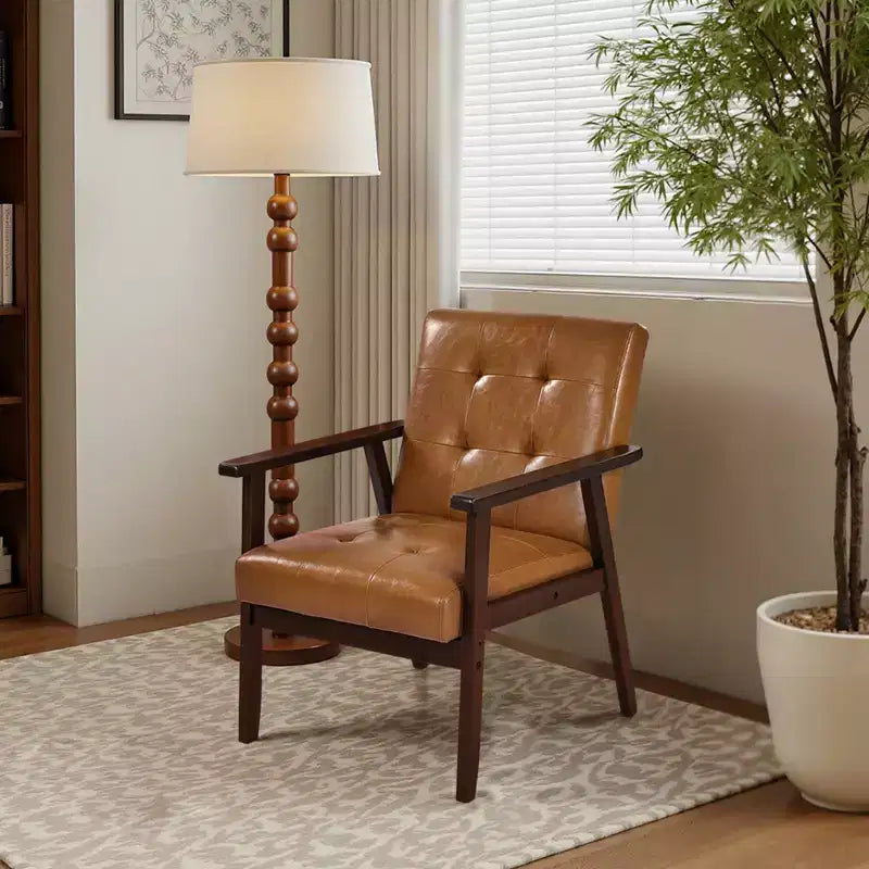 Poltrona VEVOR Accent, poltrona moderna di metà secolo con struttura in legno massello e gambe antiscivolo, sedia relax imbottita in pelle PU, marrone