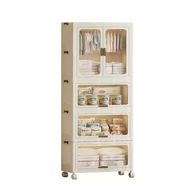 Armadio Portatile per Bambini a 4 Ripiani con Asta Appendino e Scaffali - Organizer Pieghevole per Vestiti, Giocattoli, Libri (Bianco)