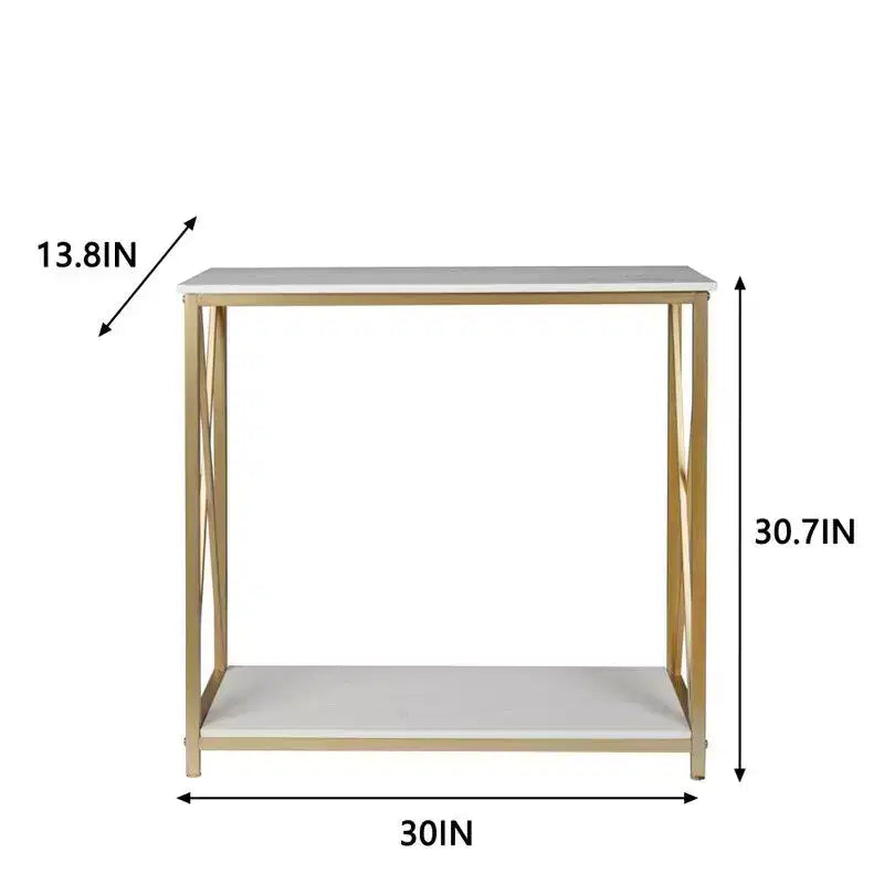 Tavolo da veranda con 2 ripiani, telaio laterale a X in legno e ferro, 78.2*35.1*76.2 cm, pannello bianco, telaio oro