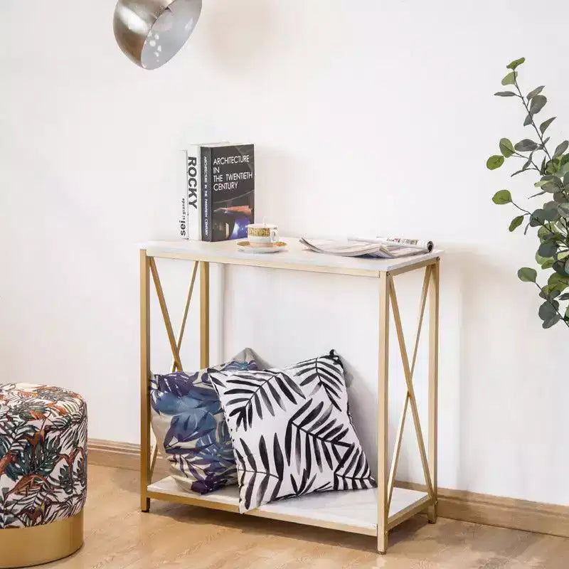Tavolo da veranda con 2 ripiani, telaio laterale a X in legno e ferro, 78.2*35.1*76.2 cm, pannello bianco, telaio oro