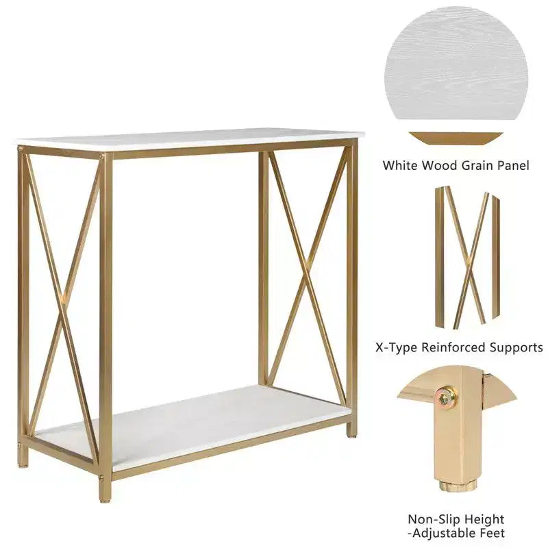Tavolo da veranda con 2 ripiani, telaio laterale a X in legno e ferro, 78.2*35.1*76.2 cm, pannello bianco, telaio oro