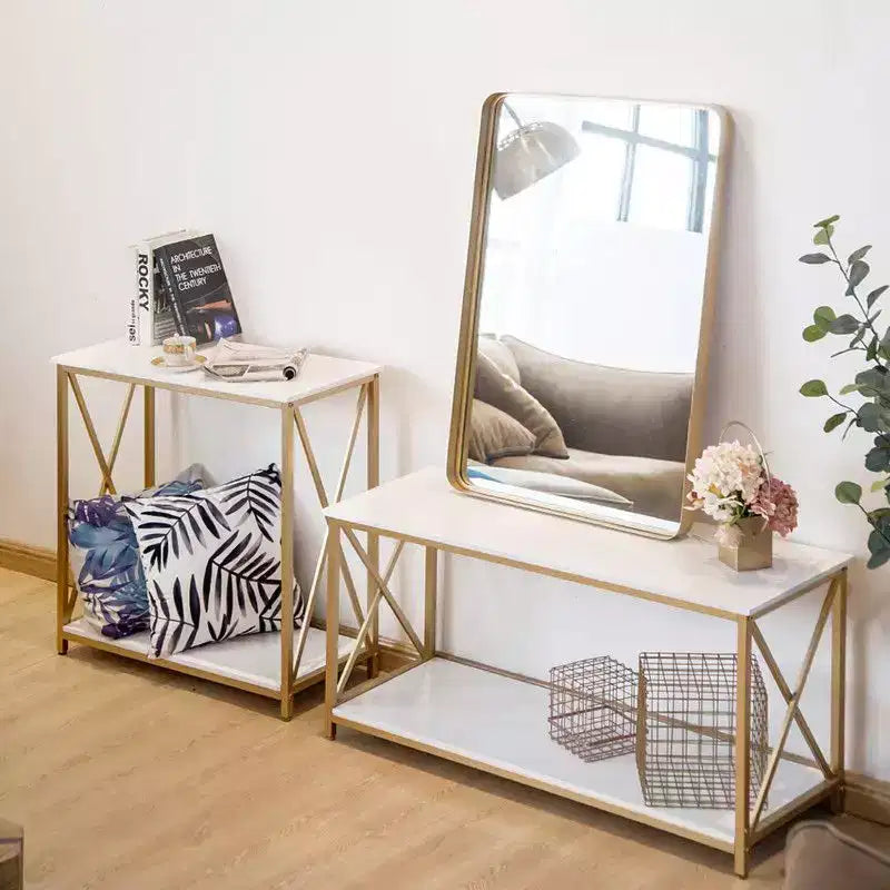 Tavolo da veranda con 2 ripiani, telaio laterale a X in legno e ferro, 78.2*35.1*76.2 cm, pannello bianco, telaio oro