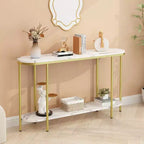 Consolle d'ingresso 2 ripiani ovale lungo in truciolato con ferro triamminico 107 cm, piano in marmo bianco, struttura oro