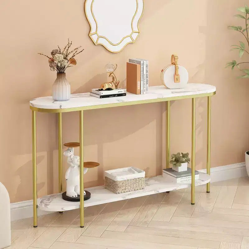 Consolle d'ingresso 2 ripiani ovale lungo in truciolato con ferro triamminico 107 cm, piano in marmo bianco, struttura oro