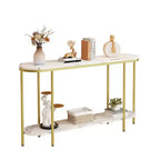 Consolle d'ingresso 2 ripiani ovale lungo in truciolato con ferro triamminico 107 cm, piano in marmo bianco, struttura oro