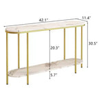 Consolle d'ingresso 2 ripiani ovale lungo in truciolato con ferro triamminico 107 cm, piano in marmo bianco, struttura oro