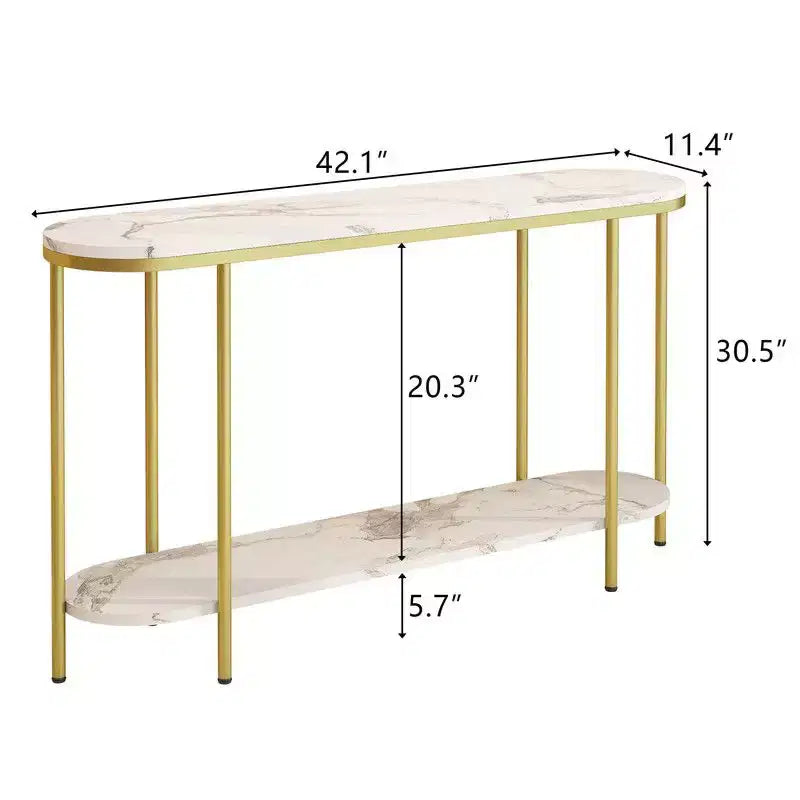Consolle d'ingresso 2 ripiani ovale lungo in truciolato con ferro triamminico 107 cm, piano in marmo bianco, struttura oro