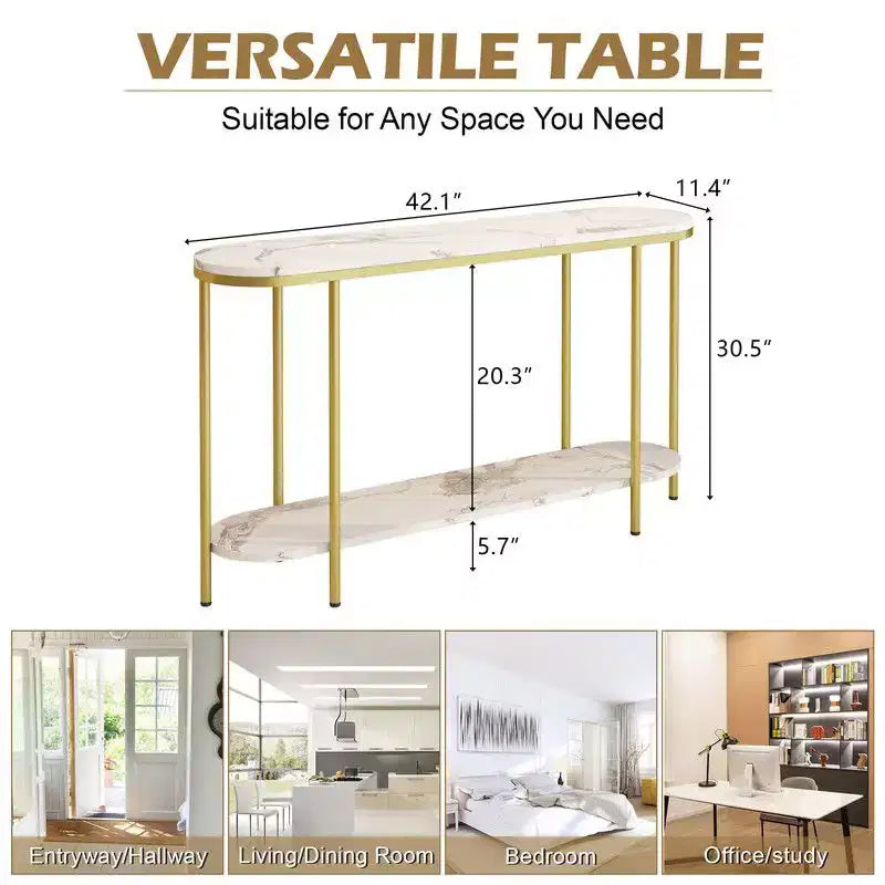Consolle d'ingresso 2 ripiani ovale lungo in truciolato con ferro triamminico 107 cm, piano in marmo bianco, struttura oro