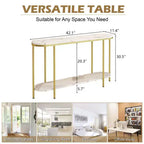 Consolle d'ingresso 2 ripiani ovale lungo in truciolato con ferro triamminico 107 cm, piano in marmo bianco, struttura oro