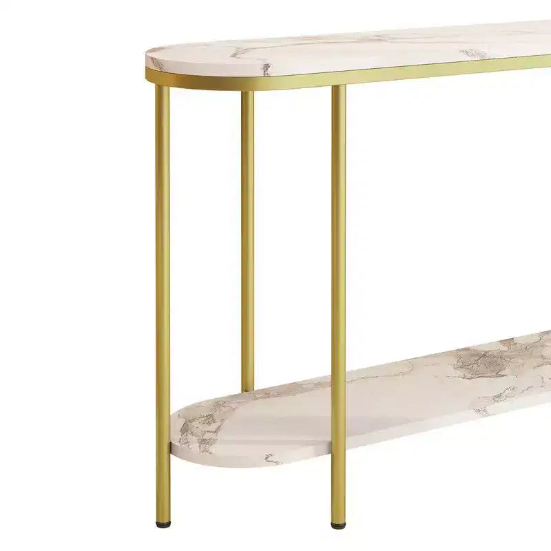 Consolle d'ingresso 2 ripiani ovale lungo in truciolato con ferro triamminico 107 cm, piano in marmo bianco, struttura oro