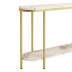 Consolle d'ingresso 2 ripiani ovale lungo in truciolato con ferro triamminico 107 cm, piano in marmo bianco, struttura oro