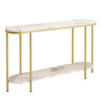 Consolle d'ingresso 2 ripiani ovale lungo in truciolato con ferro triamminico 107 cm, piano in marmo bianco, struttura oro