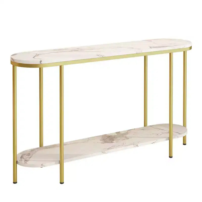 Consolle d'ingresso 2 ripiani ovale lungo in truciolato con ferro triamminico 107 cm, piano in marmo bianco, struttura oro