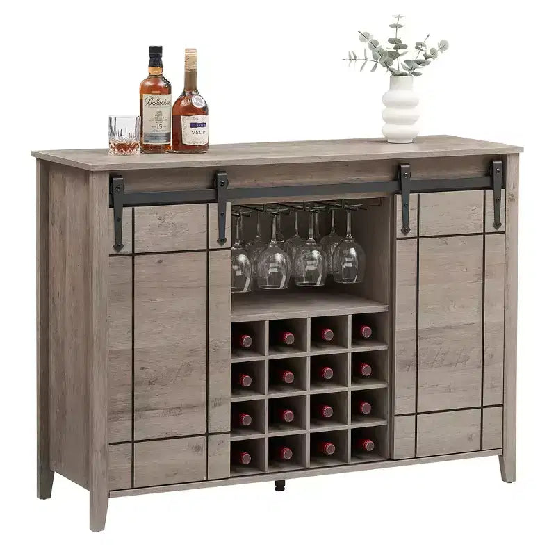 Cantinetta con Vano Contenitore, con Anta Scorrevole Stile Fienile, Credenza a Buffet con Porta Bottiglie da 16 Bottiglie per Sala da Pranzo, Mobile da Bar per Caffè per Sala da Pranzo