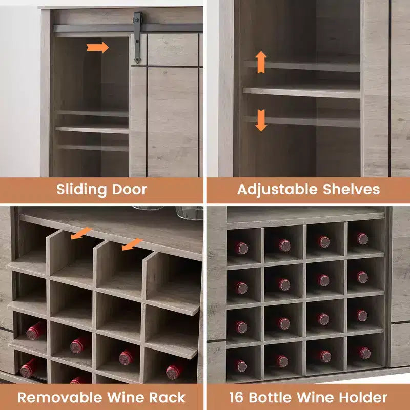 Cantinetta con Vano Contenitore, con Anta Scorrevole Stile Fienile, Credenza a Buffet con Porta Bottiglie da 16 Bottiglie per Sala da Pranzo, Mobile da Bar per Caffè per Sala da Pranzo