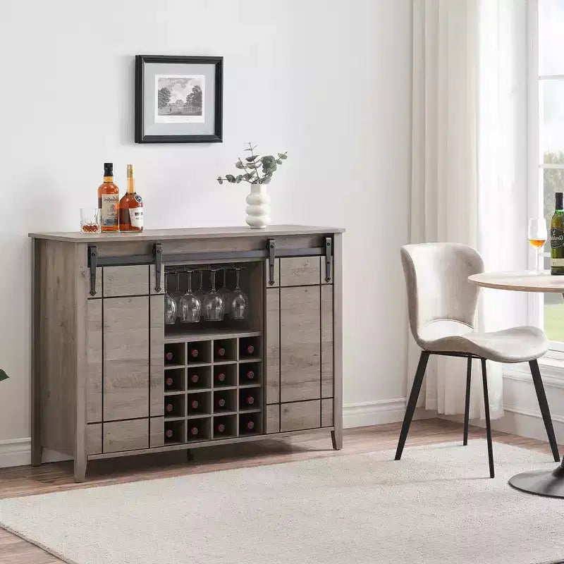 Cantinetta con Vano Contenitore, con Anta Scorrevole Stile Fienile, Credenza a Buffet con Porta Bottiglie da 16 Bottiglie per Sala da Pranzo, Mobile da Bar per Caffè per Sala da Pranzo