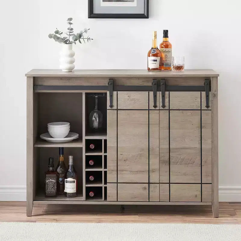 Cantinetta con Vano Contenitore, con Anta Scorrevole Stile Fienile, Credenza a Buffet con Porta Bottiglie da 16 Bottiglie per Sala da Pranzo, Mobile da Bar per Caffè per Sala da Pranzo