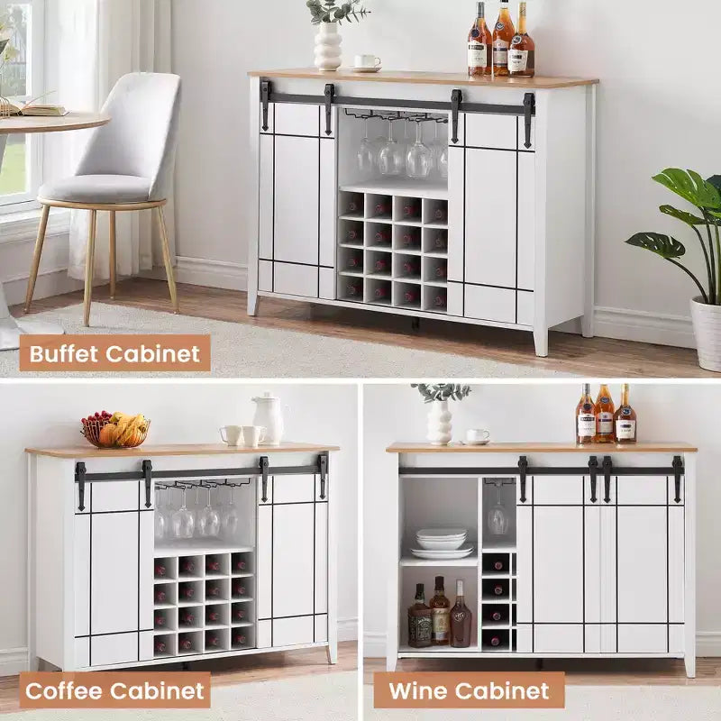 Cantinetta con Vano Contenitore, con Anta Scorrevole Stile Fienile, Credenza a Buffet con Porta Bottiglie da 16 Bottiglie per Sala da Pranzo, Mobile da Bar per Caffè per Sala da Pranzo