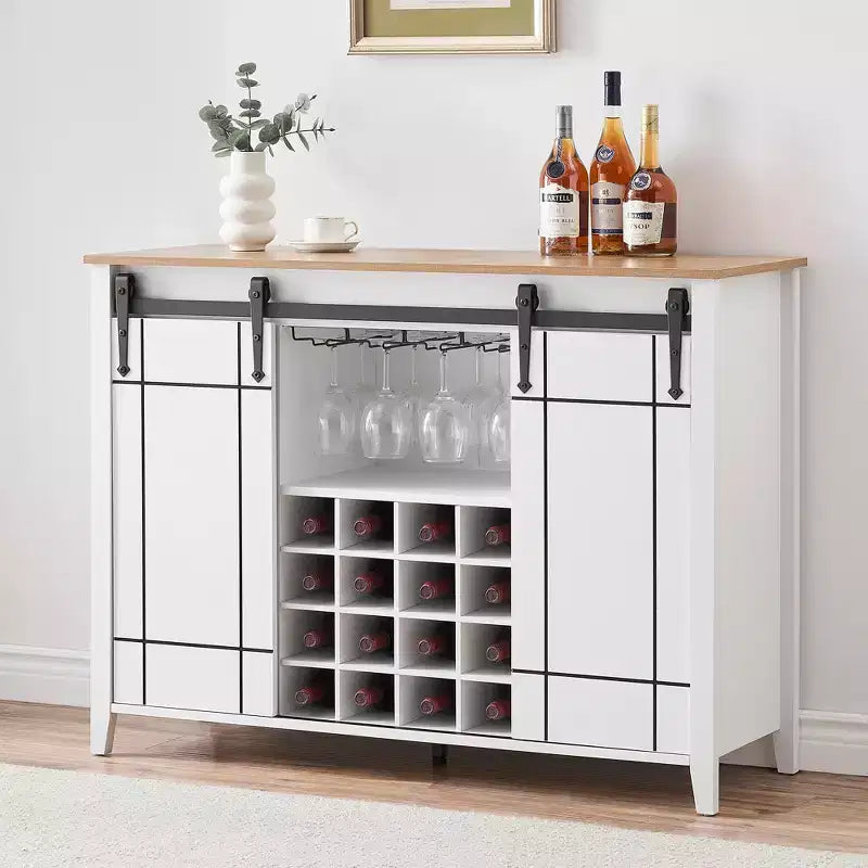 Cantinetta con Vano Contenitore, con Anta Scorrevole Stile Fienile, Credenza a Buffet con Porta Bottiglie da 16 Bottiglie per Sala da Pranzo, Mobile da Bar per Caffè per Sala da Pranzo