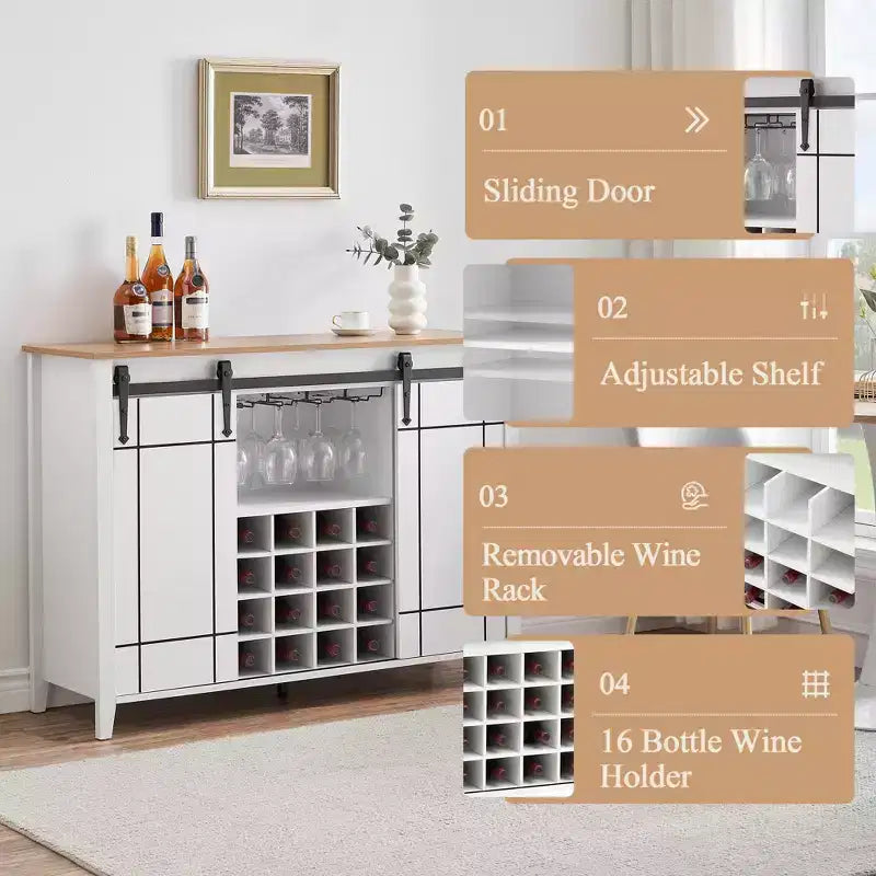 Cantinetta con Vano Contenitore, con Anta Scorrevole Stile Fienile, Credenza a Buffet con Porta Bottiglie da 16 Bottiglie per Sala da Pranzo, Mobile da Bar per Caffè per Sala da Pranzo