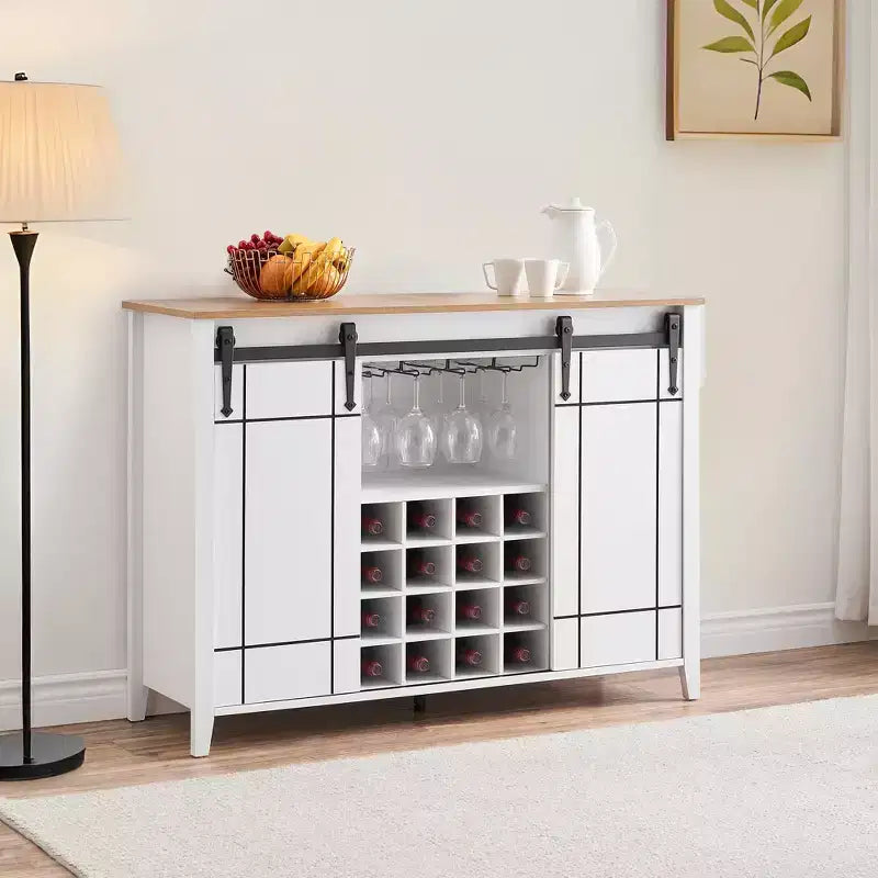 Cantinetta con Vano Contenitore, con Anta Scorrevole Stile Fienile, Credenza a Buffet con Porta Bottiglie da 16 Bottiglie per Sala da Pranzo, Mobile da Bar per Caffè per Sala da Pranzo