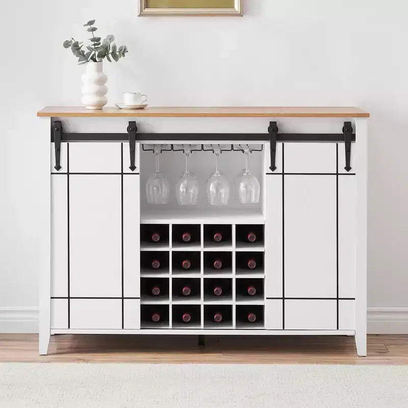 Cantinetta con Vano Contenitore, con Anta Scorrevole Stile Fienile, Credenza a Buffet con Porta Bottiglie da 16 Bottiglie per Sala da Pranzo, Mobile da Bar per Caffè per Sala da Pranzo