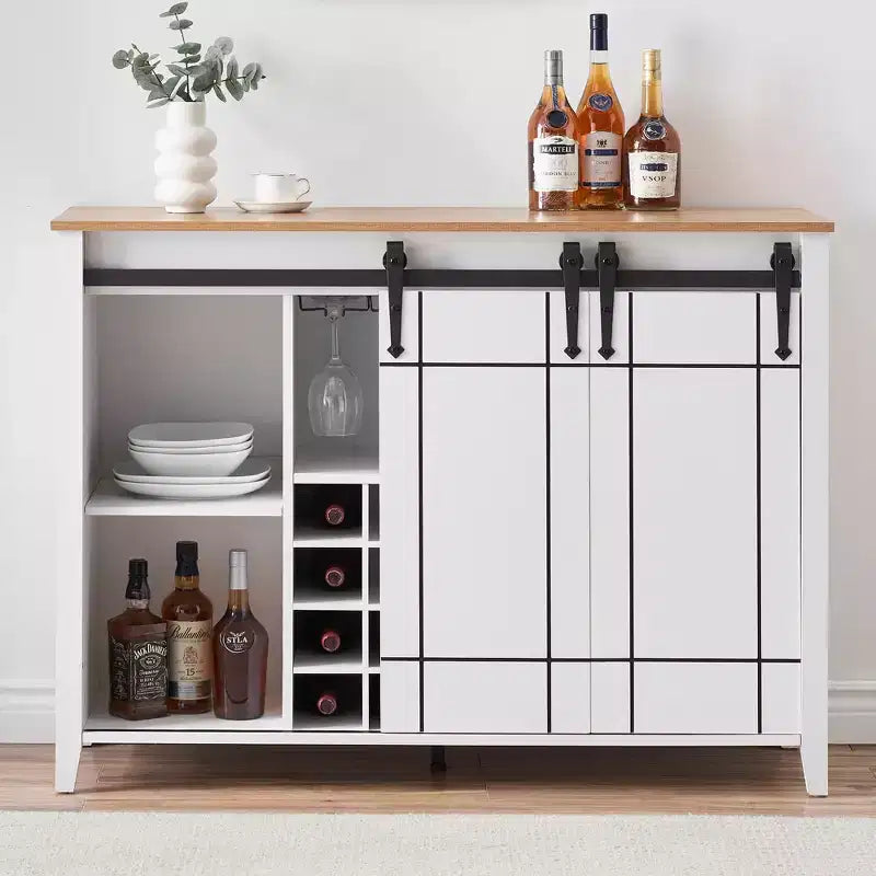 Cantinetta con Vano Contenitore, con Anta Scorrevole Stile Fienile, Credenza a Buffet con Porta Bottiglie da 16 Bottiglie per Sala da Pranzo, Mobile da Bar per Caffè per Sala da Pranzo