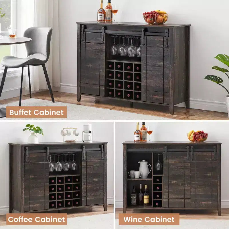 Cantinetta con Vano Contenitore, con Anta Scorrevole Stile Fienile, Credenza a Buffet con Porta Bottiglie da 16 Bottiglie per Sala da Pranzo, Mobile da Bar per Caffè per Sala da Pranzo