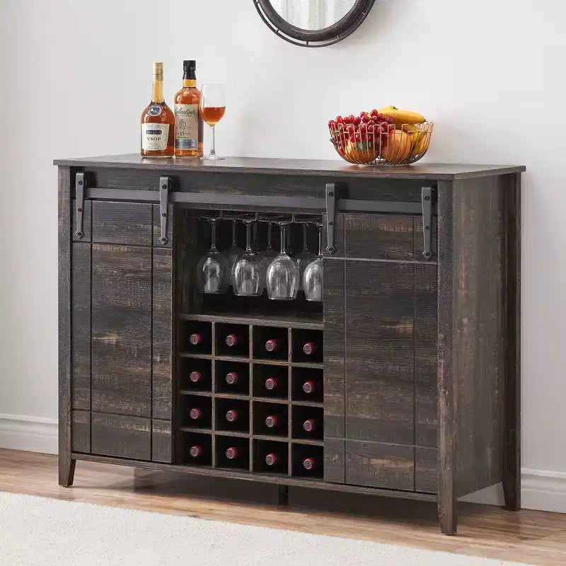 Cantinetta con Vano Contenitore, con Anta Scorrevole Stile Fienile, Credenza a Buffet con Porta Bottiglie da 16 Bottiglie per Sala da Pranzo, Mobile da Bar per Caffè per Sala da Pranzo