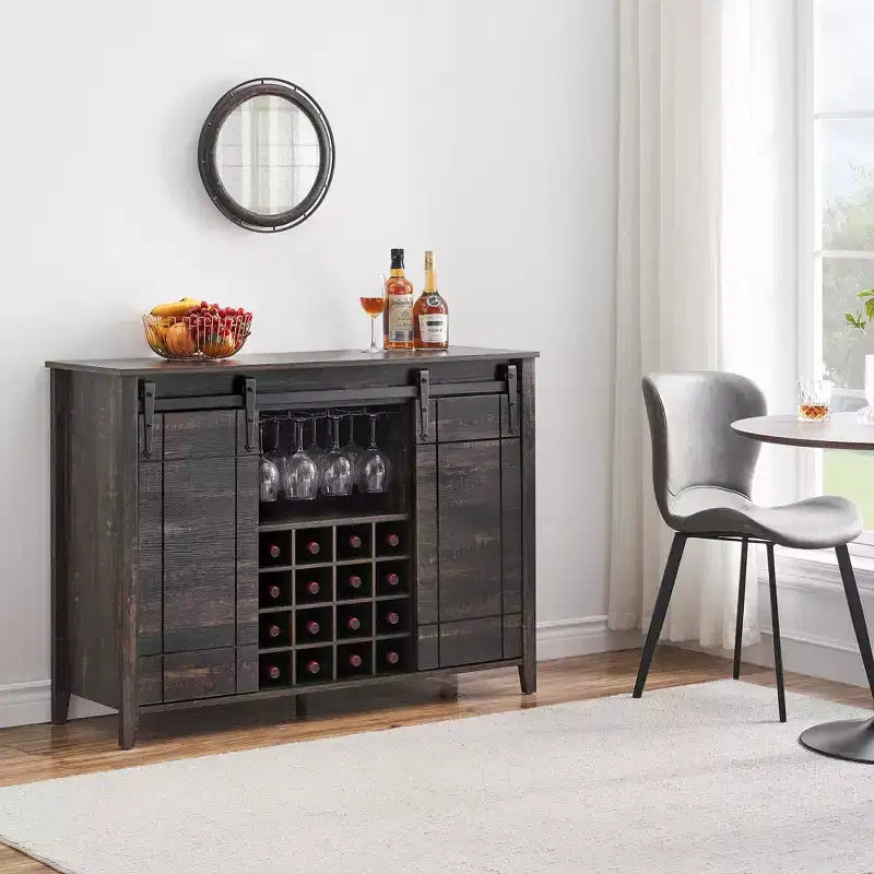 Cantinetta con Vano Contenitore, con Anta Scorrevole Stile Fienile, Credenza a Buffet con Porta Bottiglie da 16 Bottiglie per Sala da Pranzo, Mobile da Bar per Caffè per Sala da Pranzo