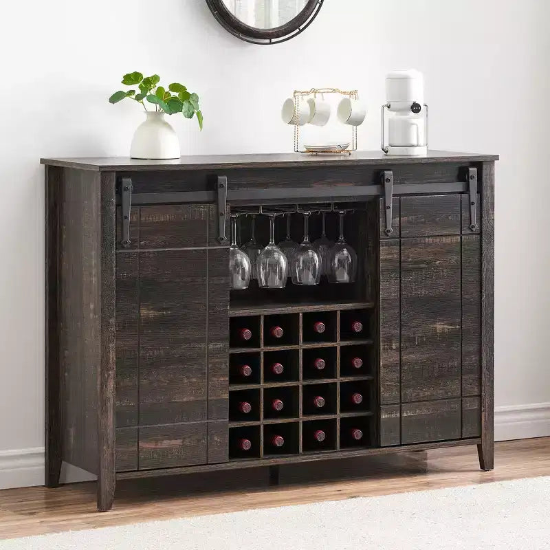 Cantinetta con Vano Contenitore, con Anta Scorrevole Stile Fienile, Credenza a Buffet con Porta Bottiglie da 16 Bottiglie per Sala da Pranzo, Mobile da Bar per Caffè per Sala da Pranzo