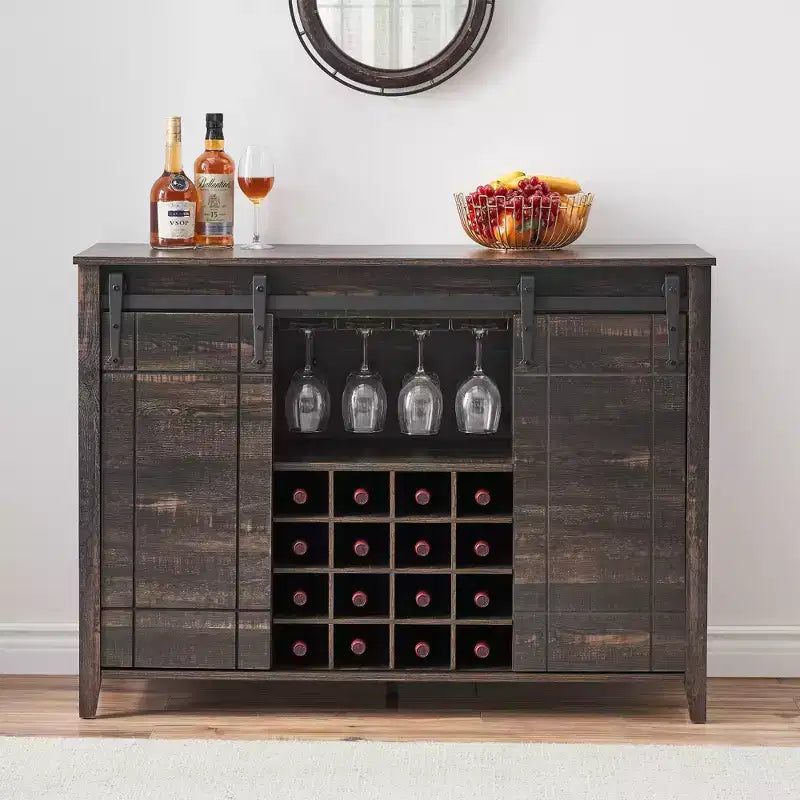 Cantinetta con Vano Contenitore, con Anta Scorrevole Stile Fienile, Credenza a Buffet con Porta Bottiglie da 16 Bottiglie per Sala da Pranzo, Mobile da Bar per Caffè per Sala da Pranzo