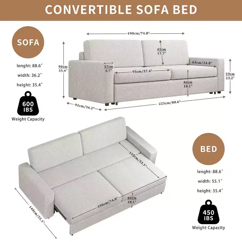 ATJafurn 88.6 Divano Letto Convertibile, Divano Letto Estraibile Moderno in Tessuto di Lino Salvaspazio per Appartamenti, Soggiorno, Camera da Letto, Monolocale