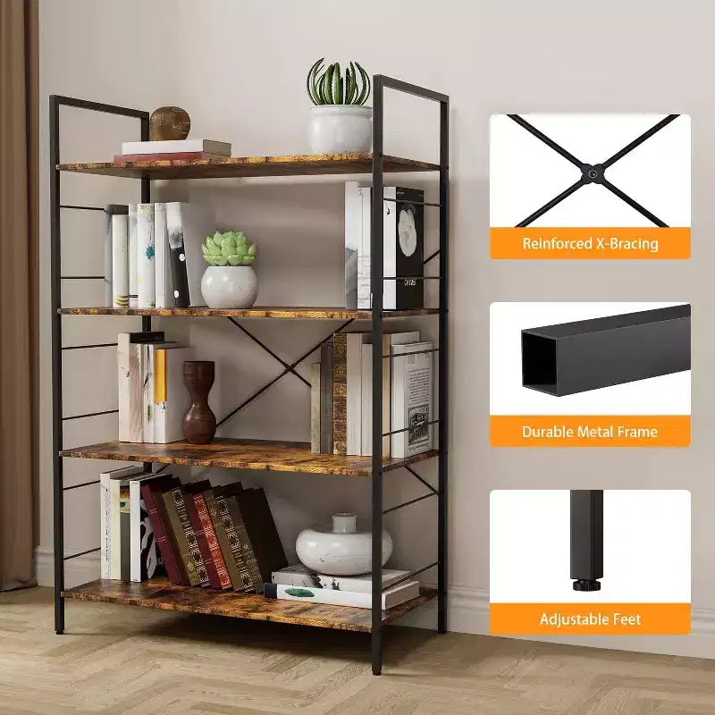 Acekool Scaffale Industriale a 4 Ripiani, Scaffale Contenitore Marrone con Telaio in Acciaio, Barre a X, per Soggiorno Camera da Letto Ufficio, 76 x 35,5 x 114 cm